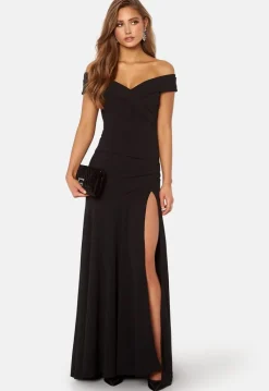 Goddiva Bardot Pleat Maxi Split Dress