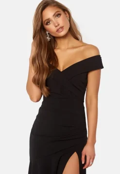 Goddiva Bardot Pleat Maxi Split Dress