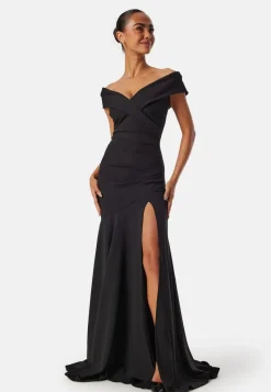 Goddiva Bardot Pleat Maxi Split Dress