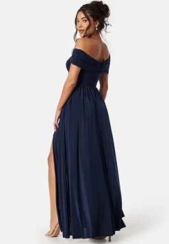 Goddiva Bardot Rouched Maxi Split Dress