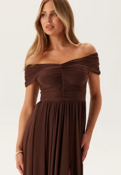 Goddiva Bardot Rouched Maxi Split Dress