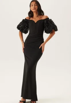 Goddiva Bardot Ruffle Sleeve Maxi Dress