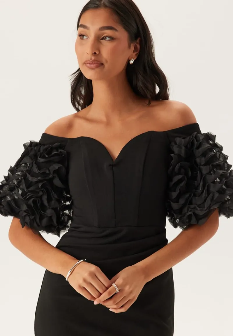 Goddiva Bardot Ruffle Sleeve Maxi Dress