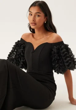 Goddiva Bardot Ruffle Sleeve Maxi Dress