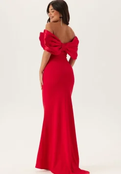 Goddiva Bardot Satin Bow Back Maxi Dress