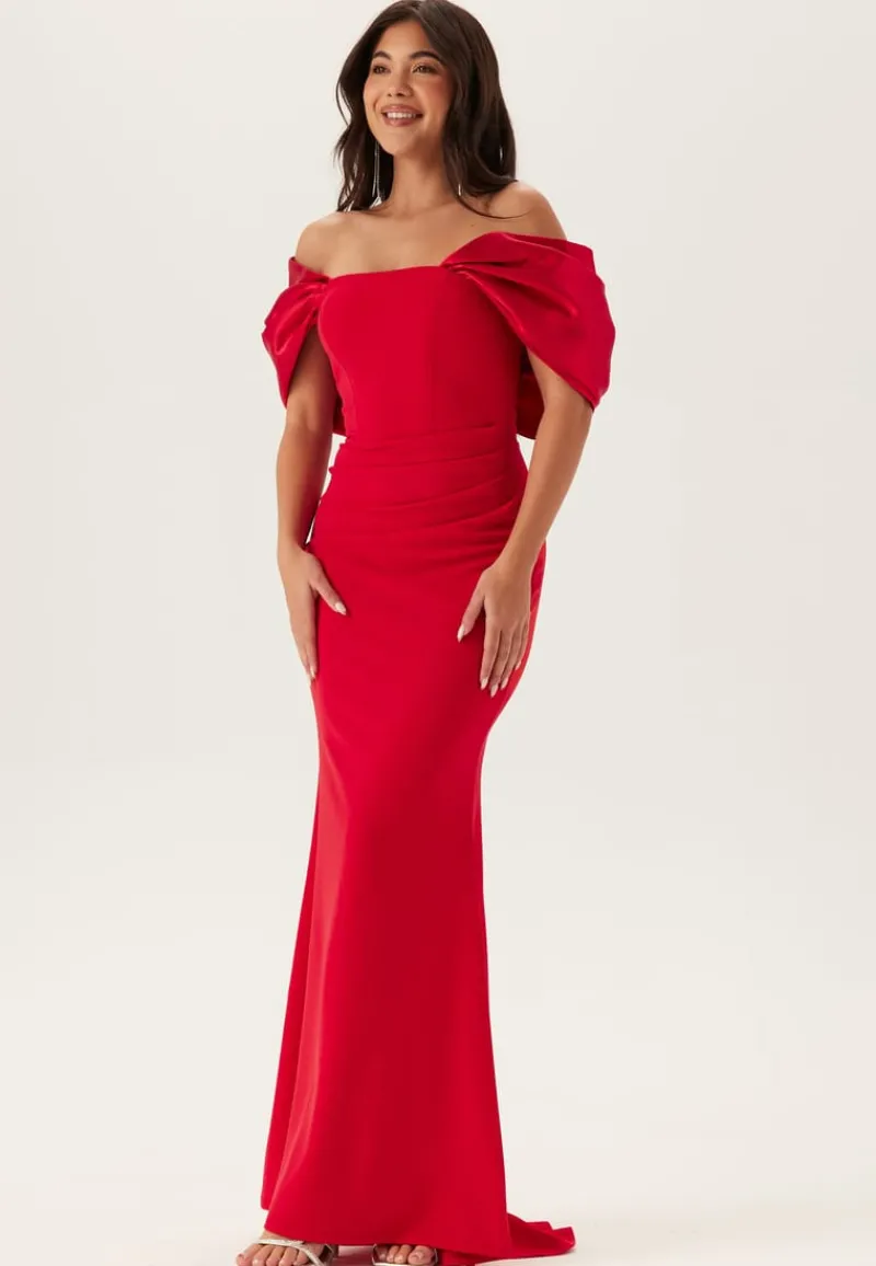 Goddiva Bardot Satin Bow Back Maxi Dress