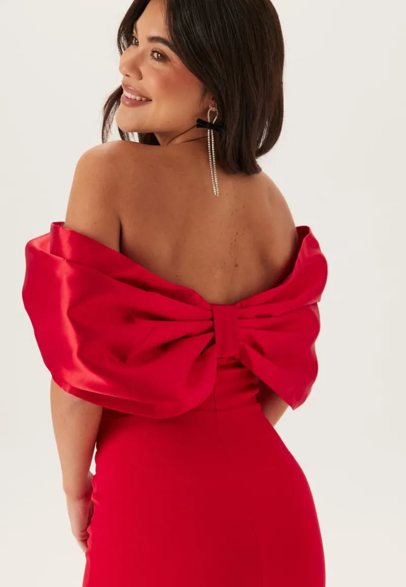 Goddiva Bardot Satin Bow Back Maxi Dress