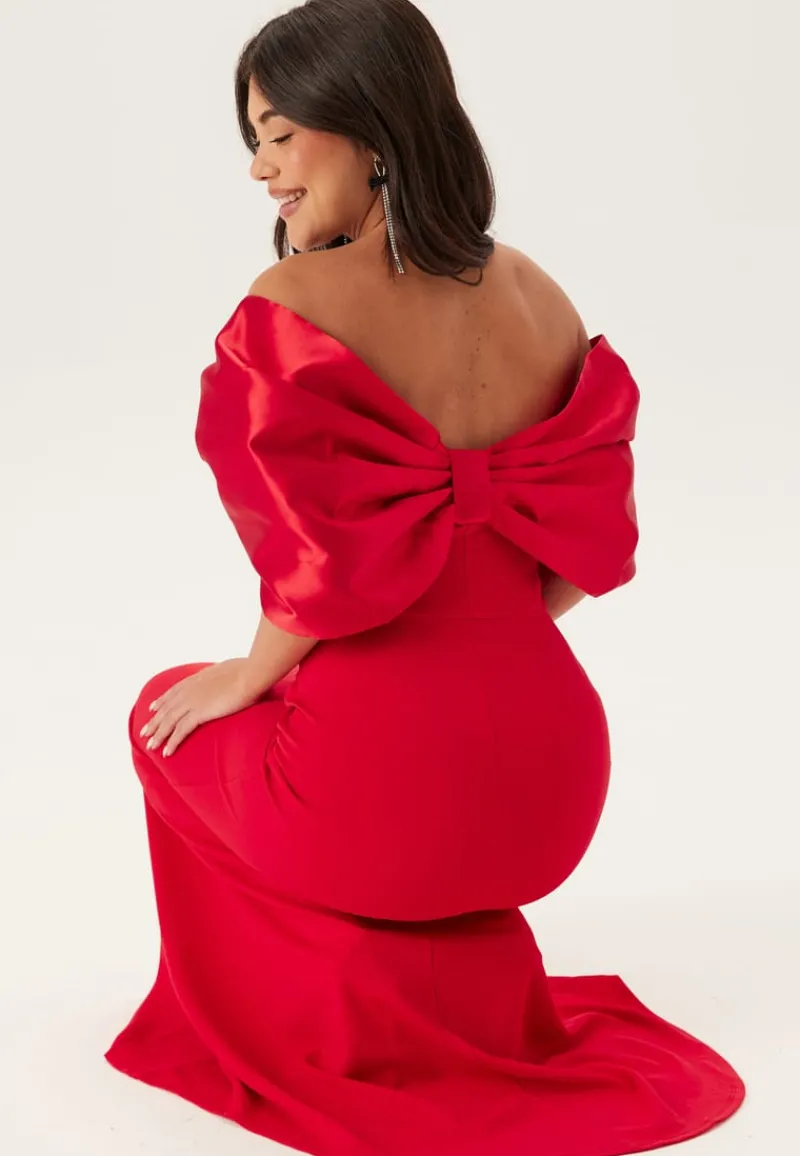 Goddiva Bardot Satin Bow Back Maxi Dress