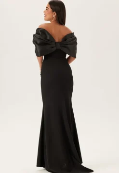 Goddiva Bardot Satin Bow Back Maxi Dress