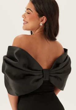 Goddiva Bardot Satin Bow Back Maxi Dress