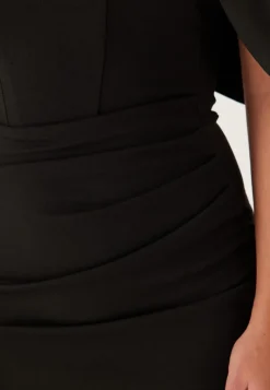 Goddiva Bardot Satin Bow Back Maxi Dress