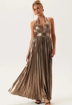 Goddiva Deep V Pleated Halter Maxi Dre