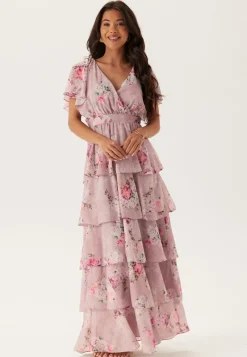 Goddiva Floral Flutter Tiered Maxi Dress