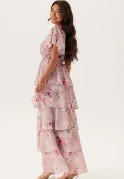 Goddiva Floral Flutter Tiered Maxi Dress