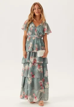 Goddiva Floral Flutter Tiered Maxi Dress