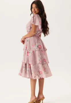 Goddiva Floral Flutter Tiered Midi Dress
