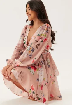 Goddiva Floral Long Sleeve Tiered Skater Dress