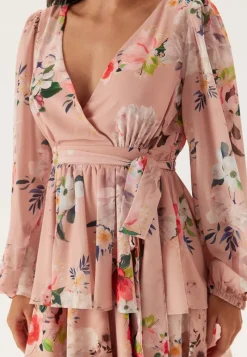 Goddiva Floral Long Sleeve Tiered Skater Dress