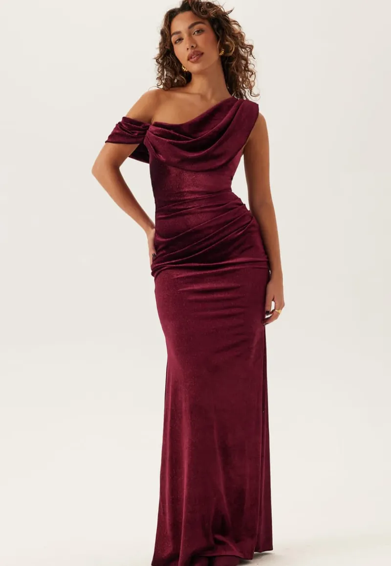 Goddiva Glitter Velvet One Shoulder Maxi Dress