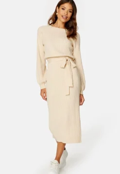 BUBBLEROOM Round Neck Rib Knitted Midi Dress