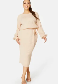 BUBBLEROOM Round Neck Rib Knitted Midi Dress