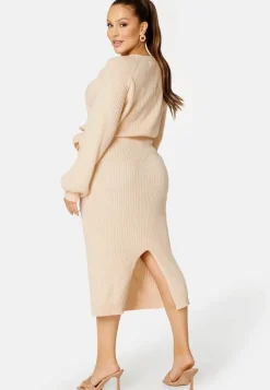 BUBBLEROOM Round Neck Rib Knitted Midi Dress