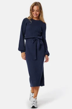 BUBBLEROOM Round Neck Rib Knitted Midi Dress