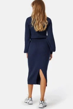 BUBBLEROOM Round Neck Rib Knitted Midi Dress