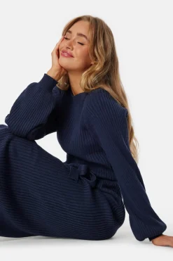 BUBBLEROOM Round Neck Rib Knitted Midi Dress