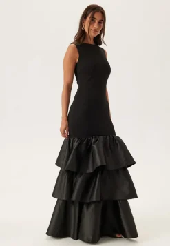 Goddiva Satin Frill Maxi Dress