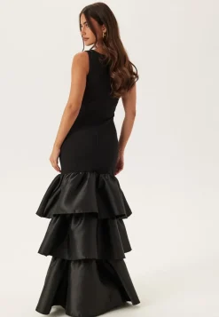 Goddiva Satin Frill Maxi Dress