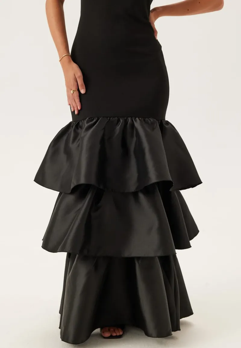 Goddiva Satin Frill Maxi Dress