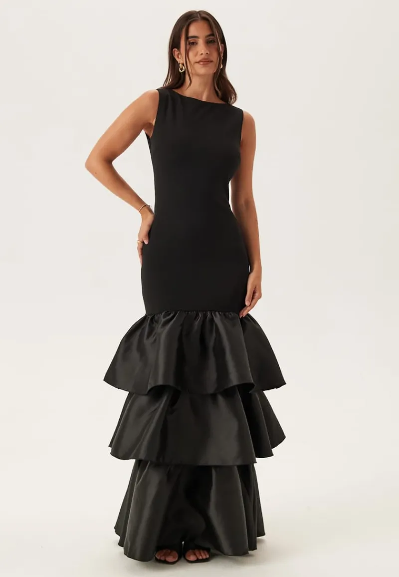 Goddiva Satin Frill Maxi Dress