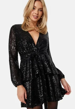 John Zack Sequin Deep V Ruffle Skater Dress